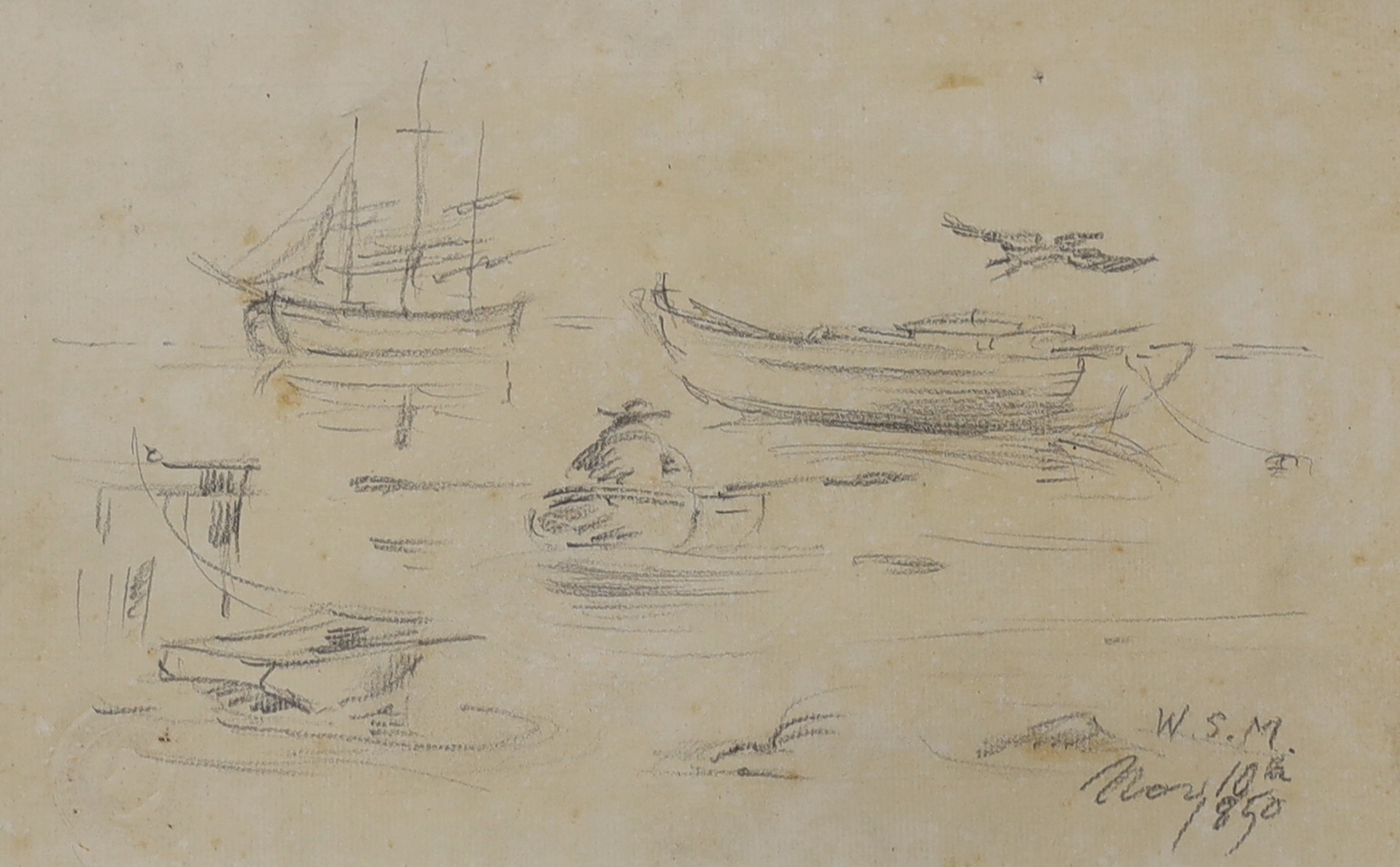 William Sidney Mount (American 1807-1868), pencil sketch, Studies of boats, initialled and dated 1850, details verso, 27 x 17cm